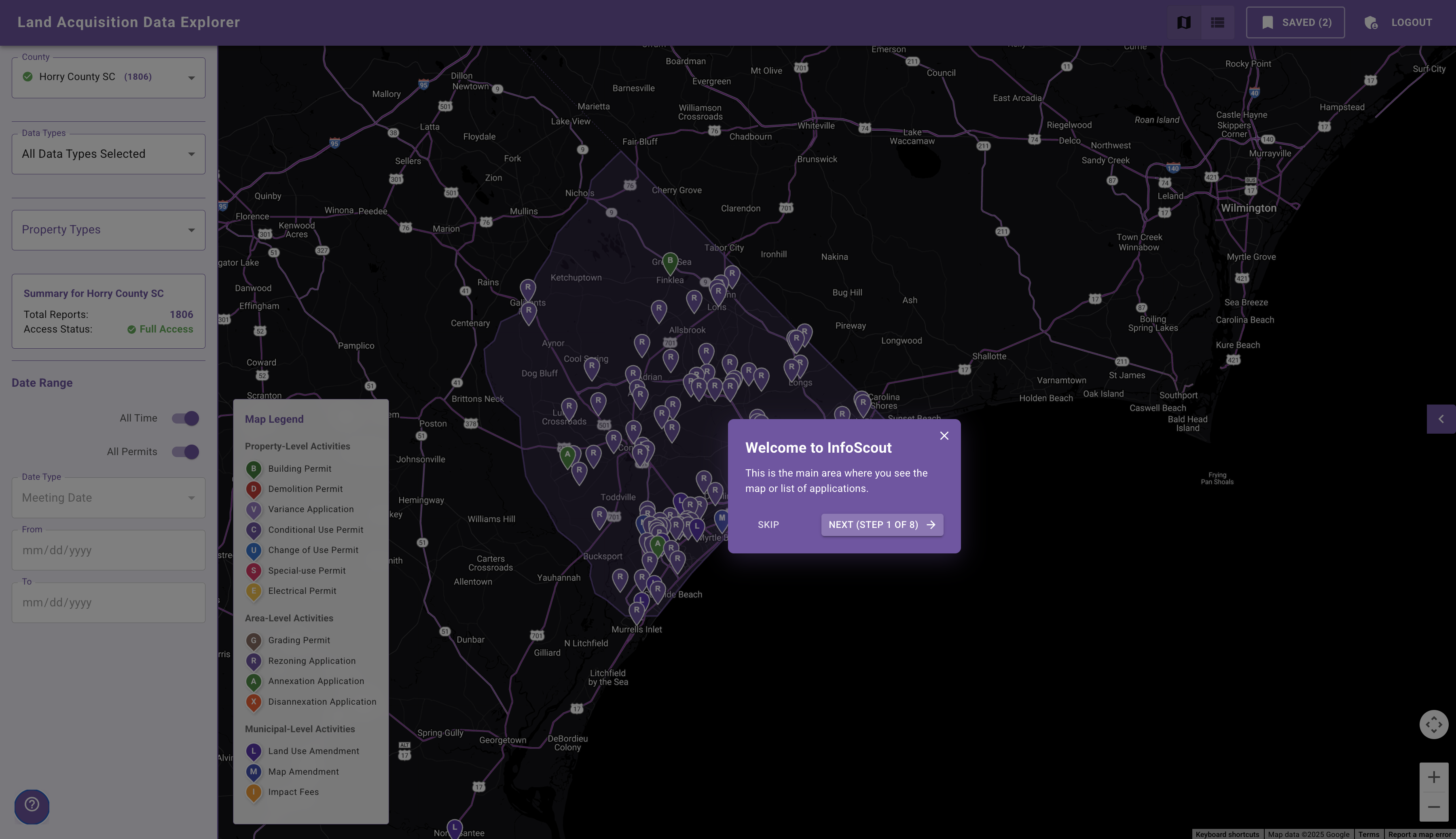 Step 1: Welcome to InfoScout dashboard showing main map area with land applications
